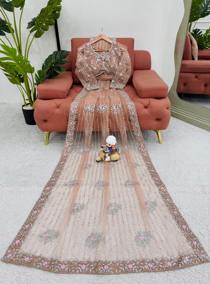 DESIGNER SAREE ON SOFT NET FABRIC WITH THREAD & EMBROIDERED WORK FOR PARTY WEAR