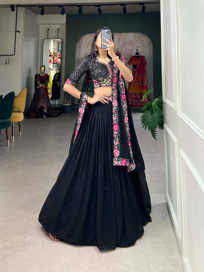 ENCHANTED EVENINGS: GEORGETTE LEHENGA CHOLI ADORNED WITH SEQUINS AND DELICATE EMBROIDERY