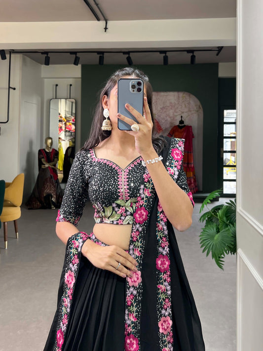 ENCHANTED EVENINGS: GEORGETTE LEHENGA CHOLI ADORNED WITH SEQUINS AND DELICATE EMBROIDERY