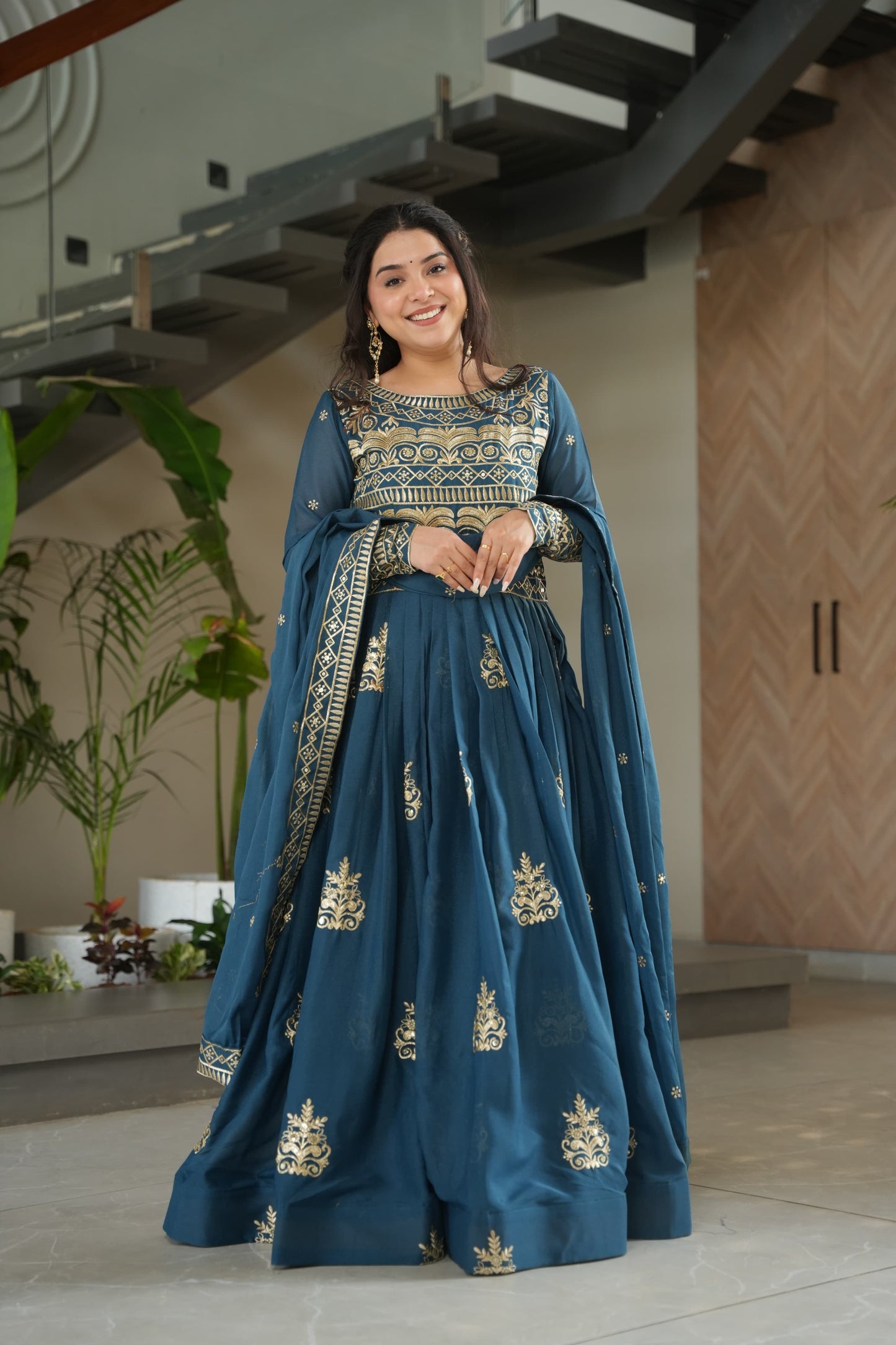 PURE CHINNON SEQUENCE & MULTI BEADS EMBROIDERED ANARKALI GOWN WITH CHINON DUPATTA