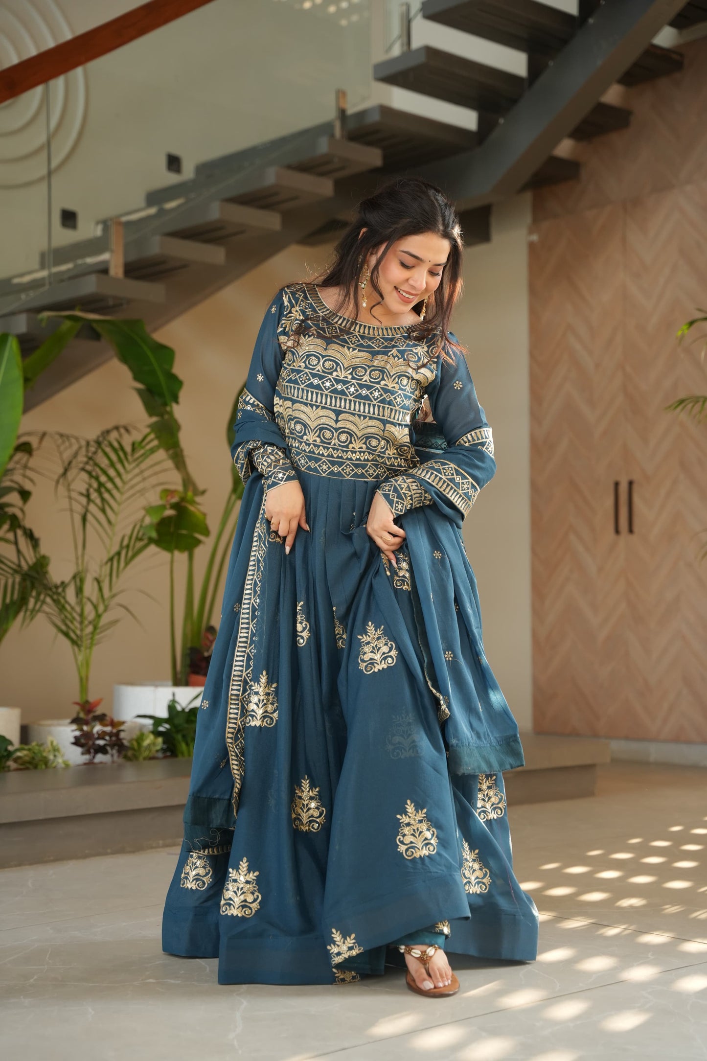 PURE CHINNON SEQUENCE & MULTI BEADS EMBROIDERED ANARKALI GOWN WITH CHINON DUPATTA