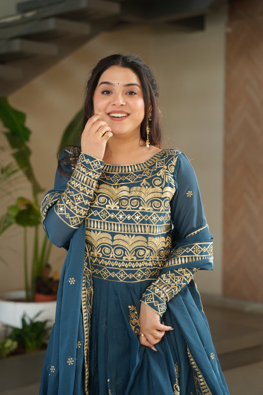 PURE CHINNON SEQUENCE & MULTI BEADS EMBROIDERED ANARKALI GOWN WITH CHINON DUPATTA