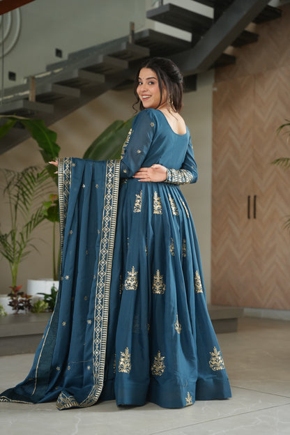PURE CHINNON SEQUENCE & MULTI BEADS EMBROIDERED ANARKALI GOWN WITH CHINON DUPATTA