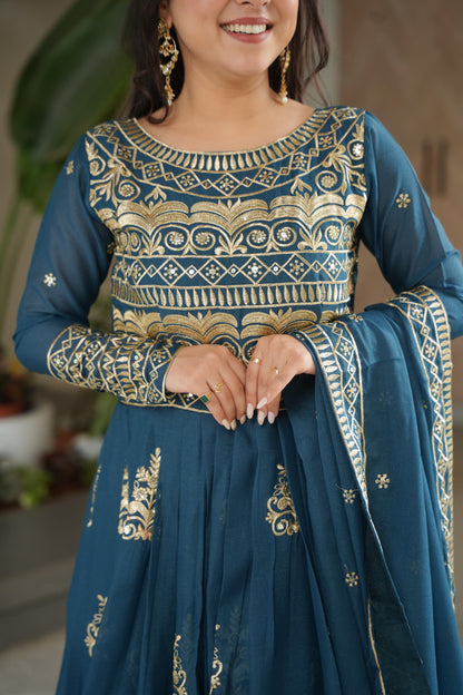 PURE CHINNON SEQUENCE & MULTI BEADS EMBROIDERED ANARKALI GOWN WITH CHINON DUPATTA
