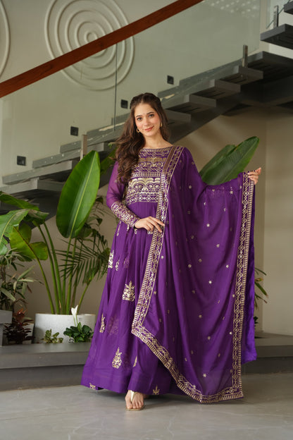 PURE CHINNON SEQUENCE & MULTI BEADS EMBROIDERED ANARKALI GOWN WITH CHINON DUPATTA