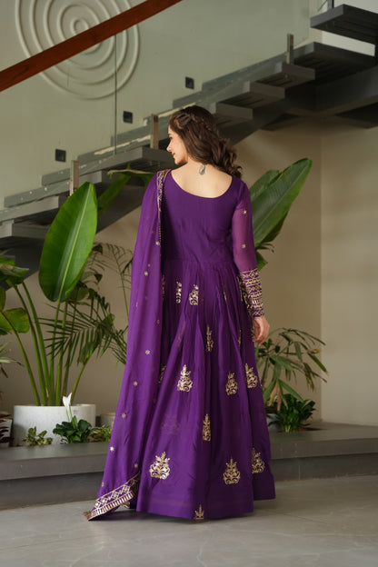 PURE CHINNON SEQUENCE & MULTI BEADS EMBROIDERED ANARKALI GOWN WITH CHINON DUPATTA