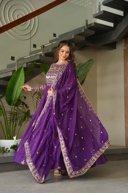 PURE CHINNON SEQUENCE & MULTI BEADS EMBROIDERED ANARKALI GOWN WITH CHINON DUPATTA