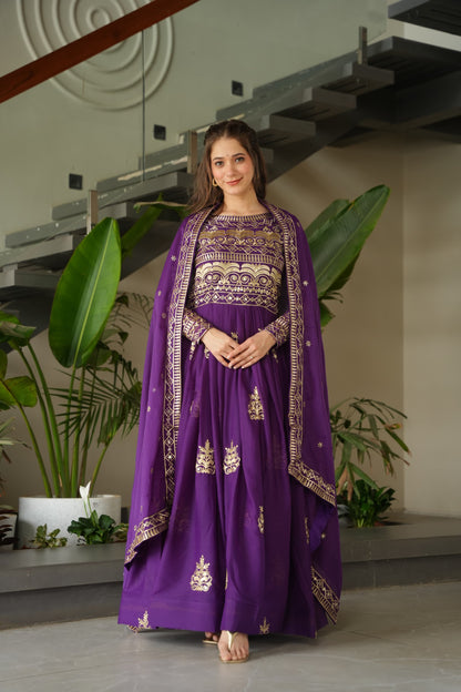 PURE CHINNON SEQUENCE & MULTI BEADS EMBROIDERED ANARKALI GOWN WITH CHINON DUPATTA