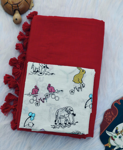 Khadi Cotton Colourful Saree With Designer Printed Blouse