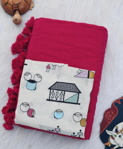 Khadi Cotton Colourful Saree With Designer Printed Blouse