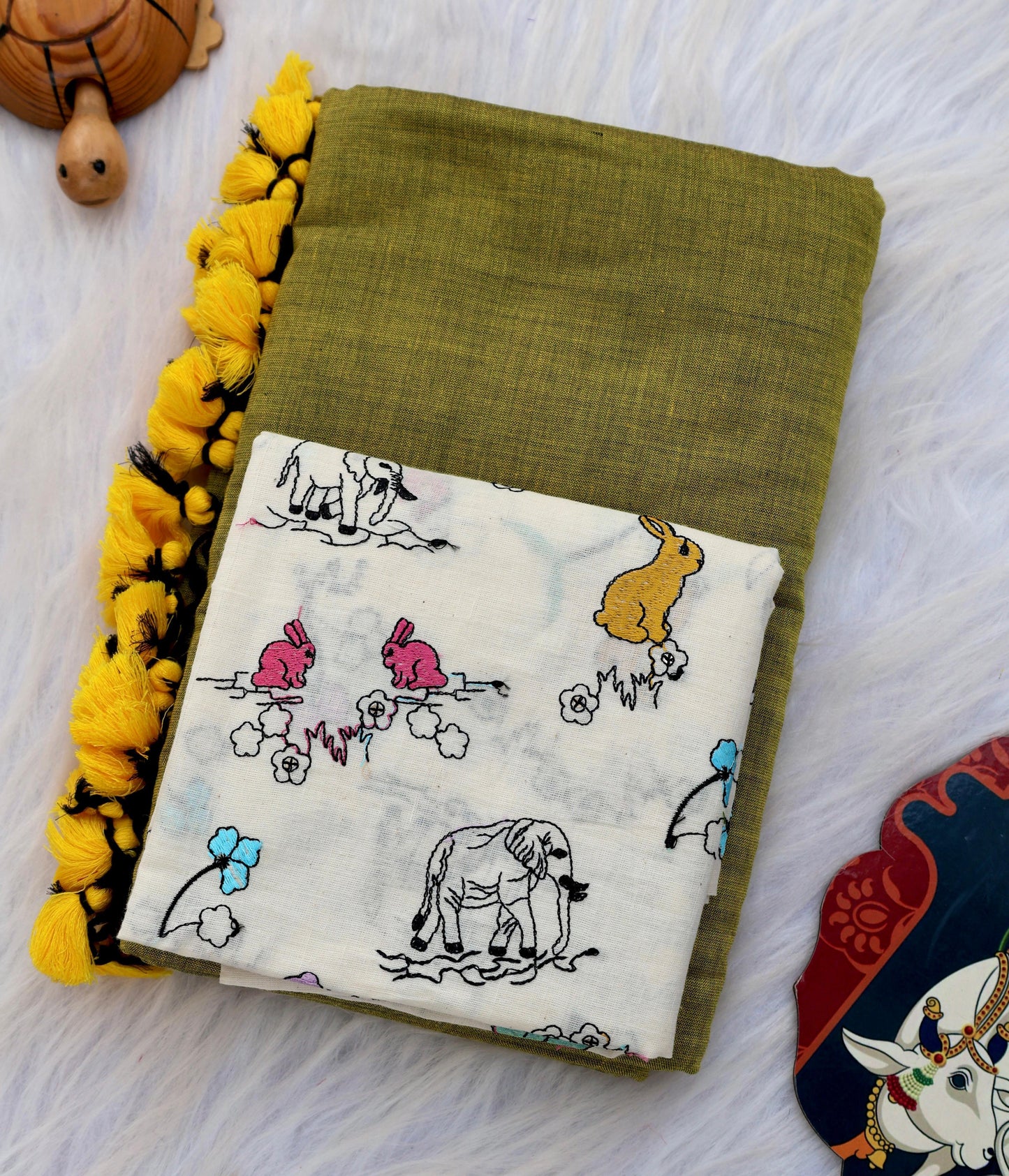 Khadi Cotton Colourful Saree With Designer Printed Blouse