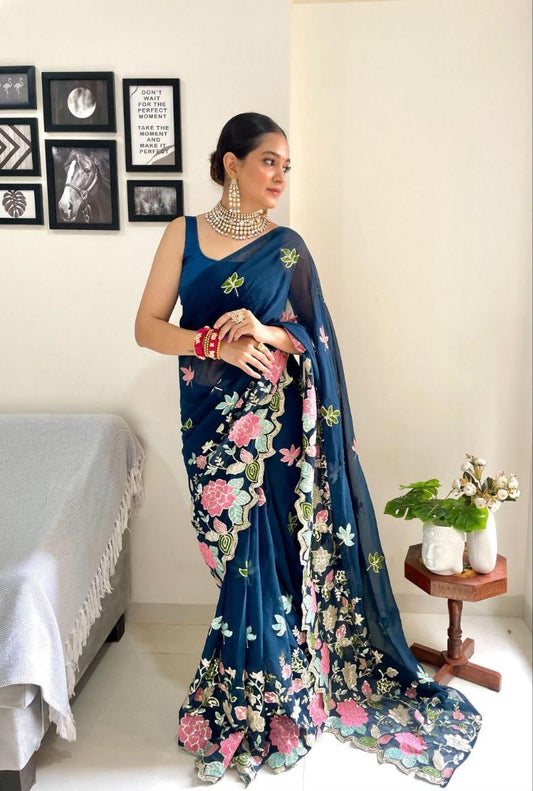 New Wear Soft Georgette  Multicolor Embroidery Work Saree