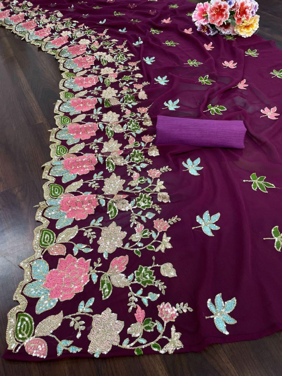 New Wear Soft Georgette  Multicolor Embroidery Work Saree