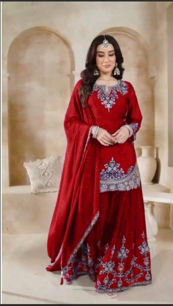 Red Color Premium Look Micro Cotton Top Plazzo