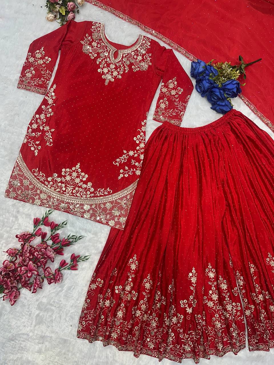 Red Color Premium Look Micro Cotton Top Plazzo