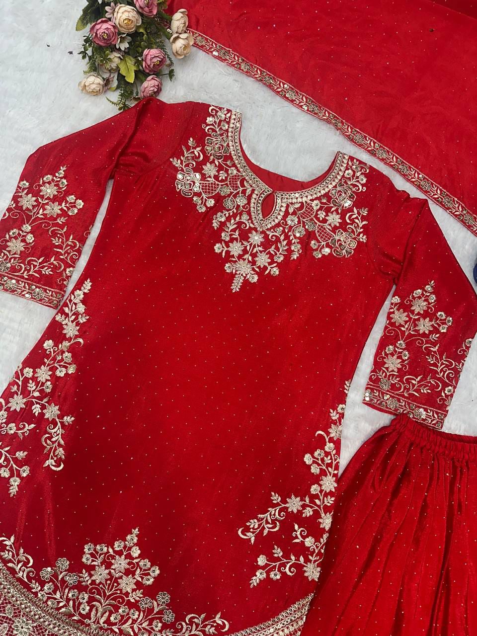 Red Color Premium Look Micro Cotton Top Plazzo