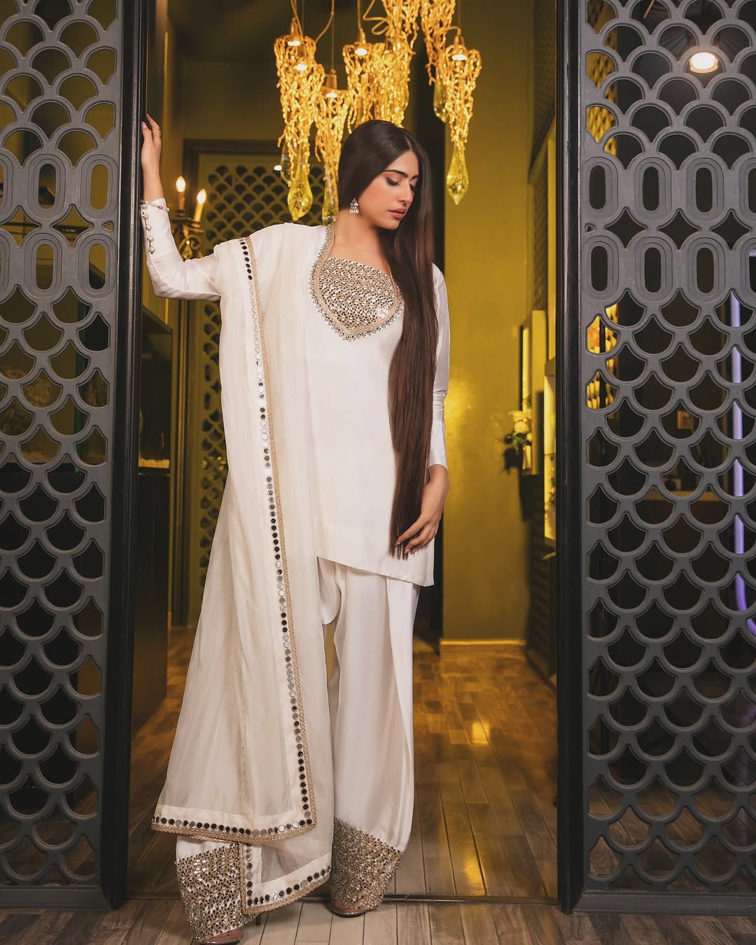 White Color Crep Silk Real Mirror Work Top plazzo