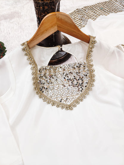 White Color Crep Silk Real Mirror Work Top plazzo