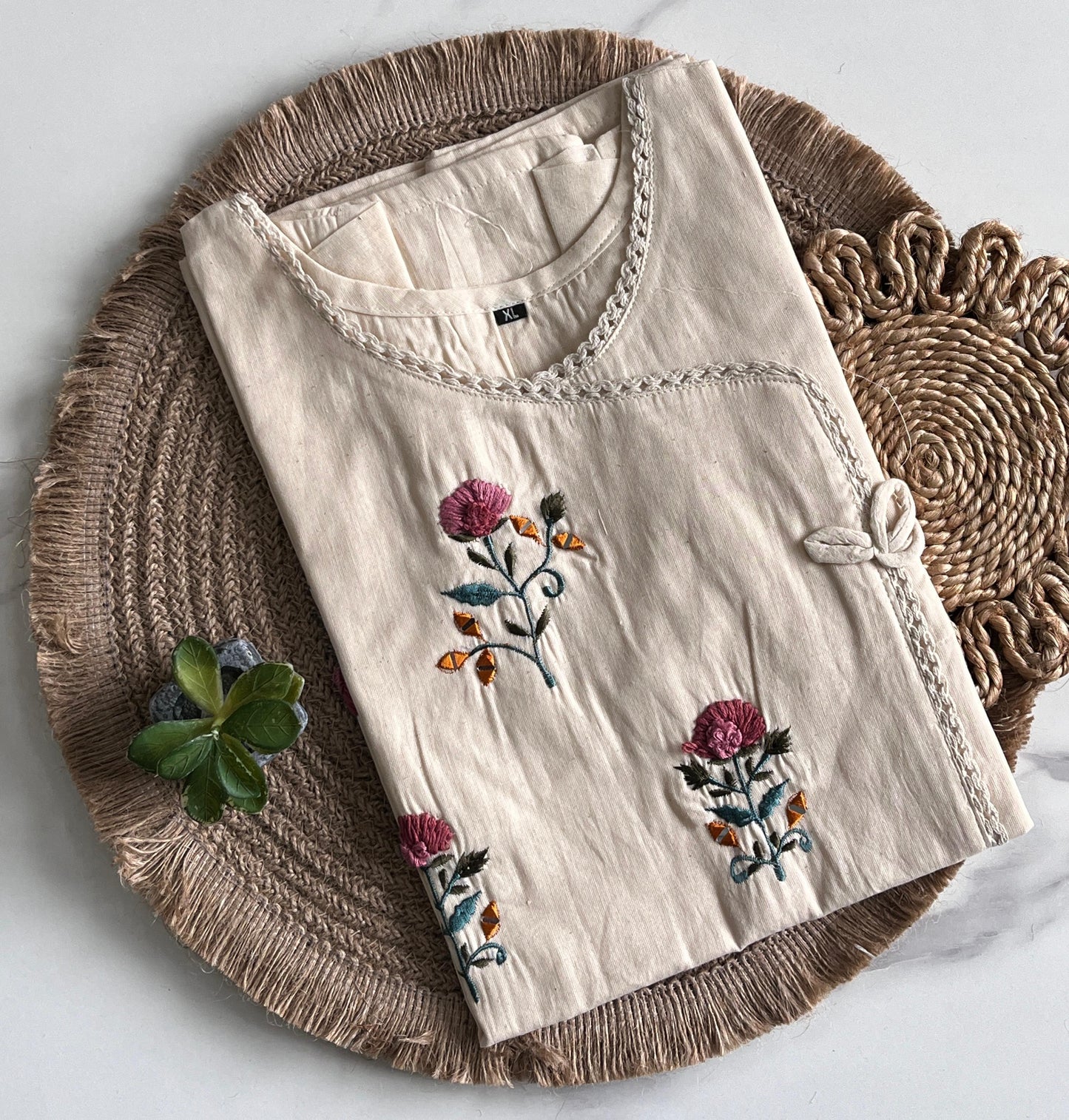 White Color Pure Khadi Tunic Hand Work Top
