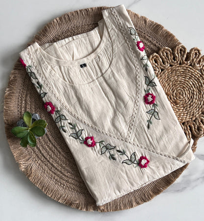 White Color Pure Khadi Tunic Hand Work Top