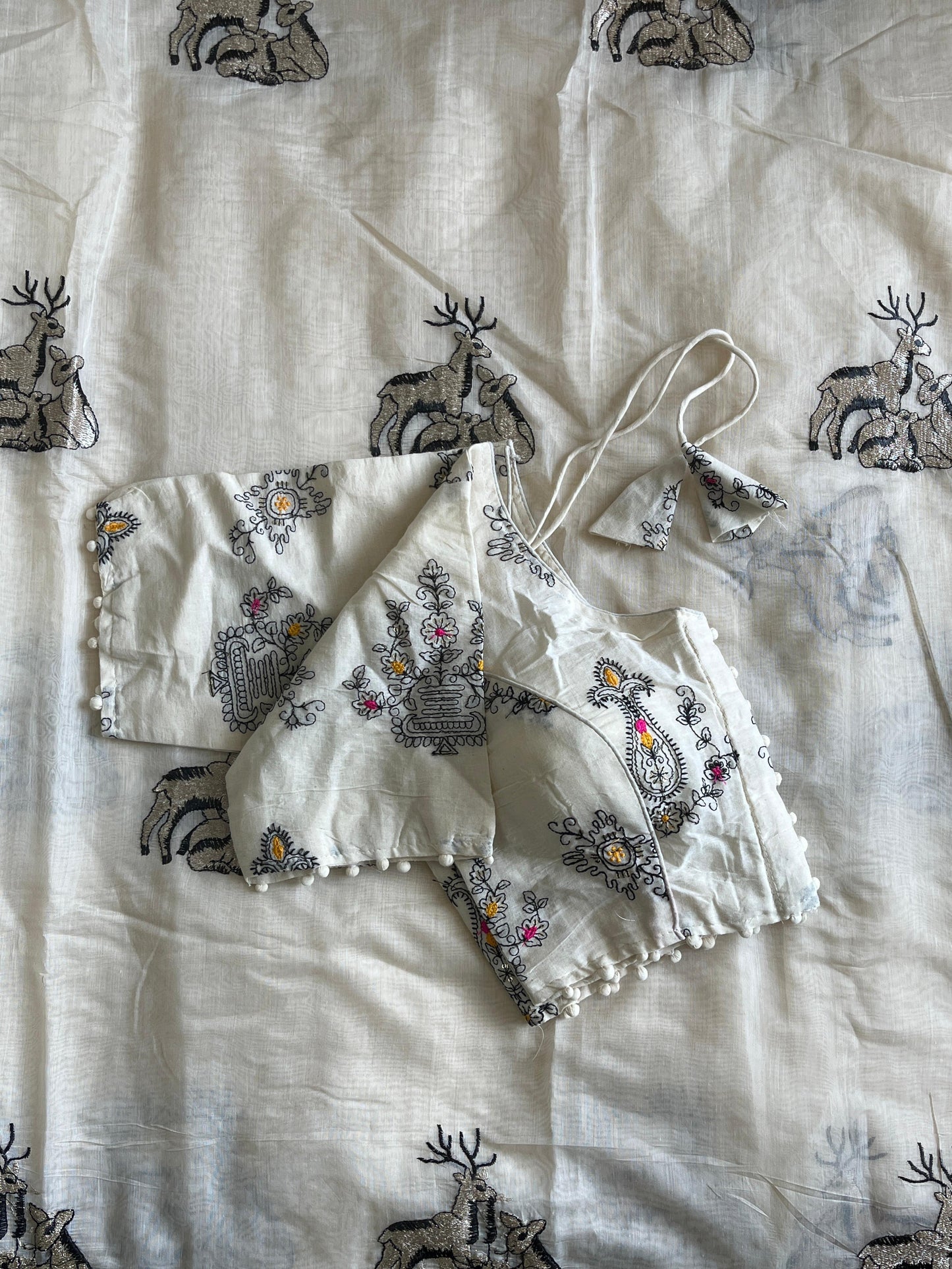 White Color Premium Chanderi Deer Work Saree