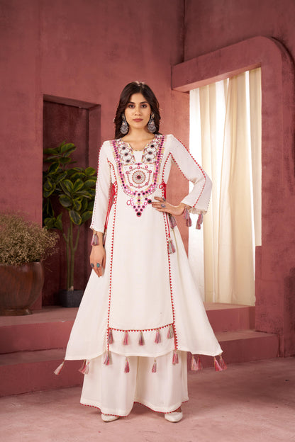 Reyon Fabric With Thread & Real Mirror Work Top Plazzo