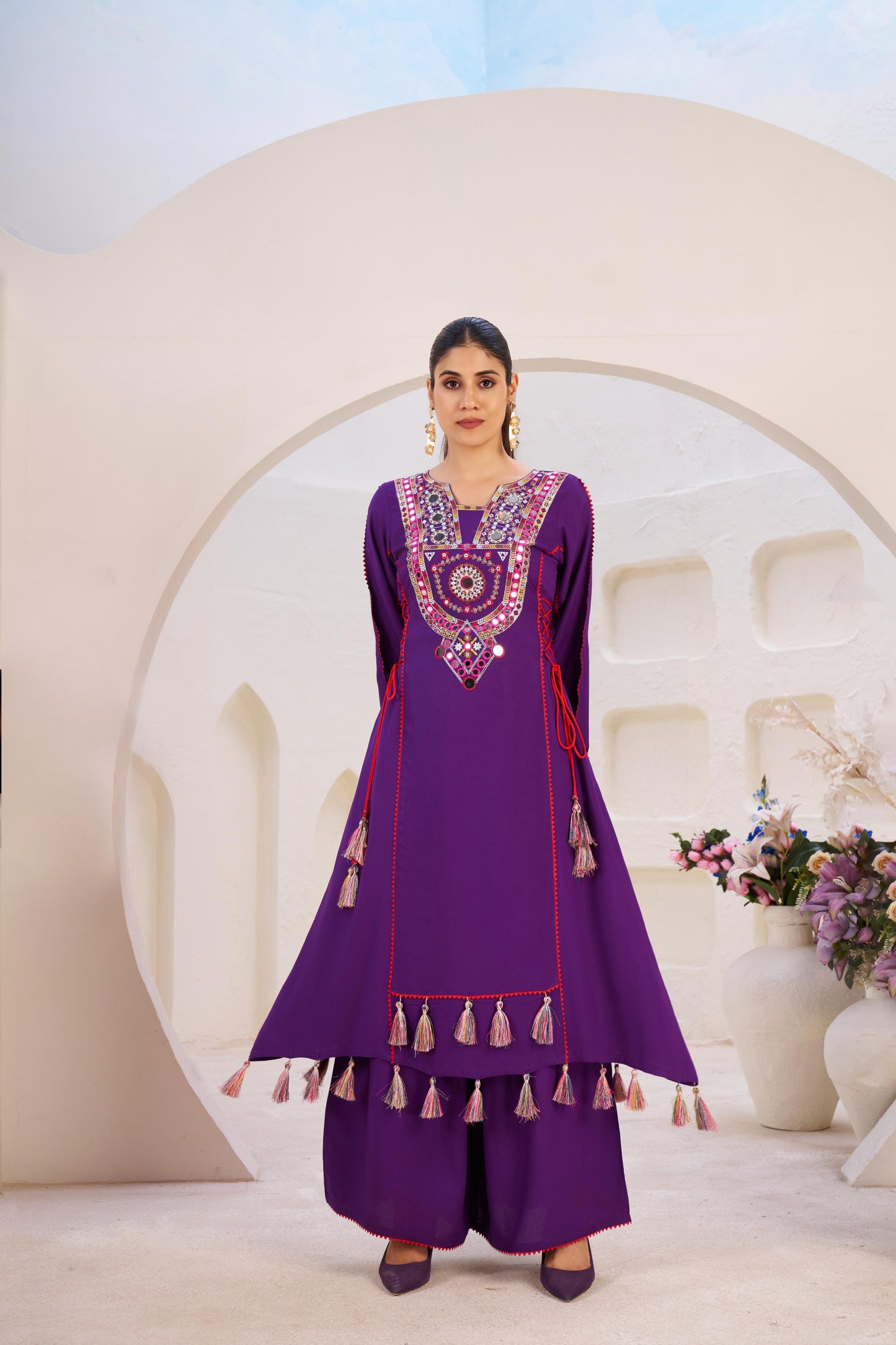 Reyon Fabric With Thread & Real Mirror Work Top Plazzo