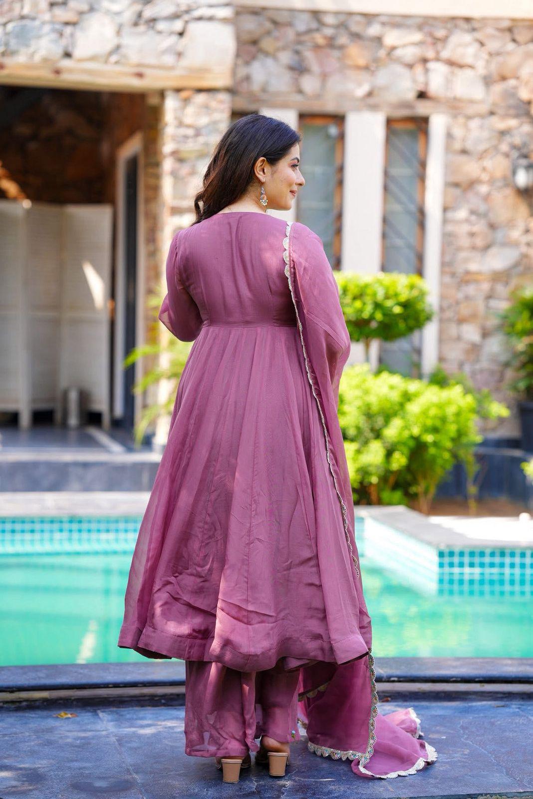 Pink Color Foux Georgette Embroidery Work Gown