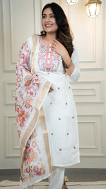 White color Premium Roman Silk Embroidery Work Kurti