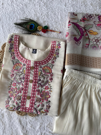 White color Premium Roman Silk Embroidery Work Kurti