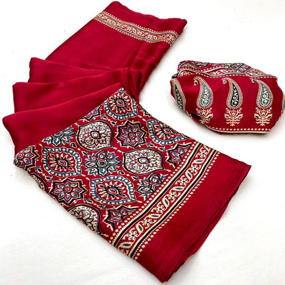 Original Japan Silk With Printed Work Saree