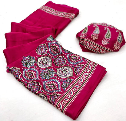 Original Japan Silk With Printed Work Saree
