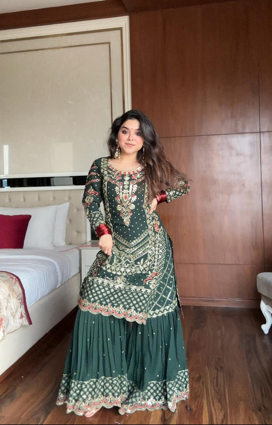 MOST DEMANDING GEORGETTE SEQUENCE WORK TOP SHARARA IN GREEN COLOR