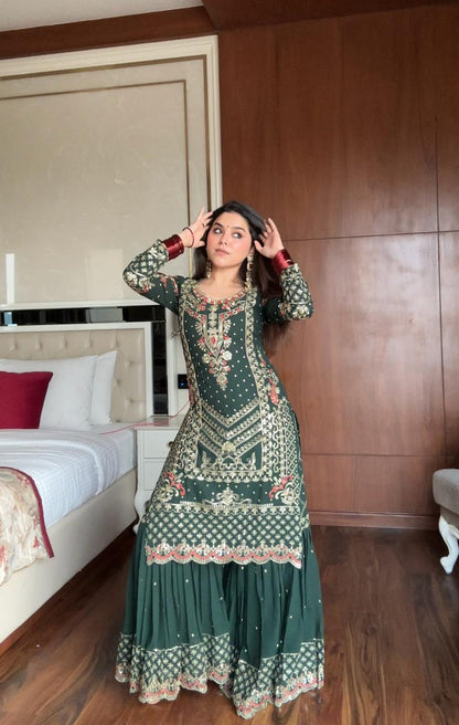 MOST DEMANDING GEORGETTE SEQUENCE WORK TOP SHARARA IN GREEN COLOR