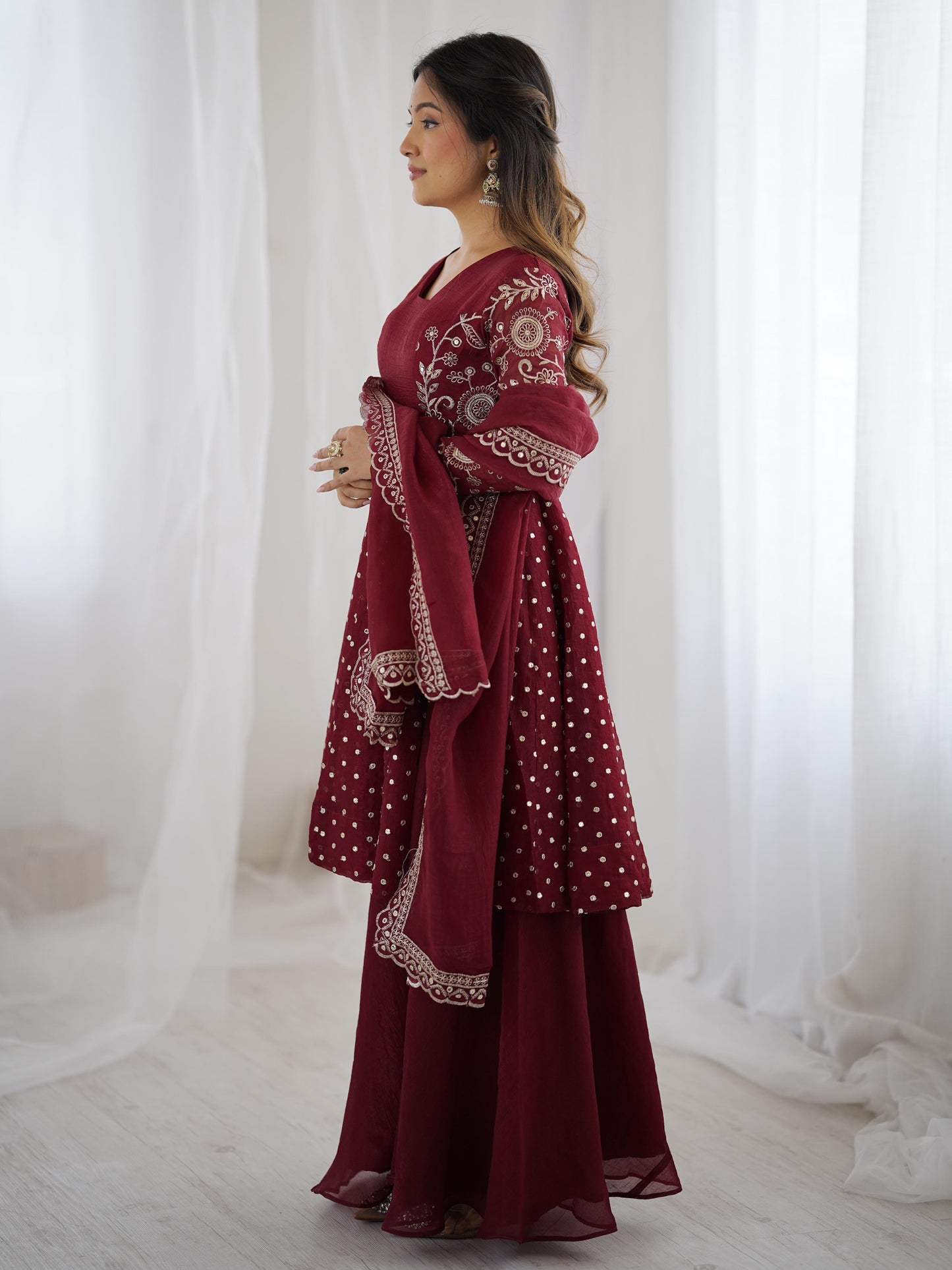 MOST TRENDING CRUNCHY SILK SEQUENCE TOP PLAZZO IN MAROON COLOR