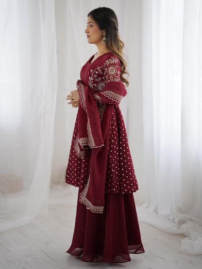 MOST TRENDING CRUNCHY SILK SEQUENCE TOP PLAZZO IN MAROON COLOR