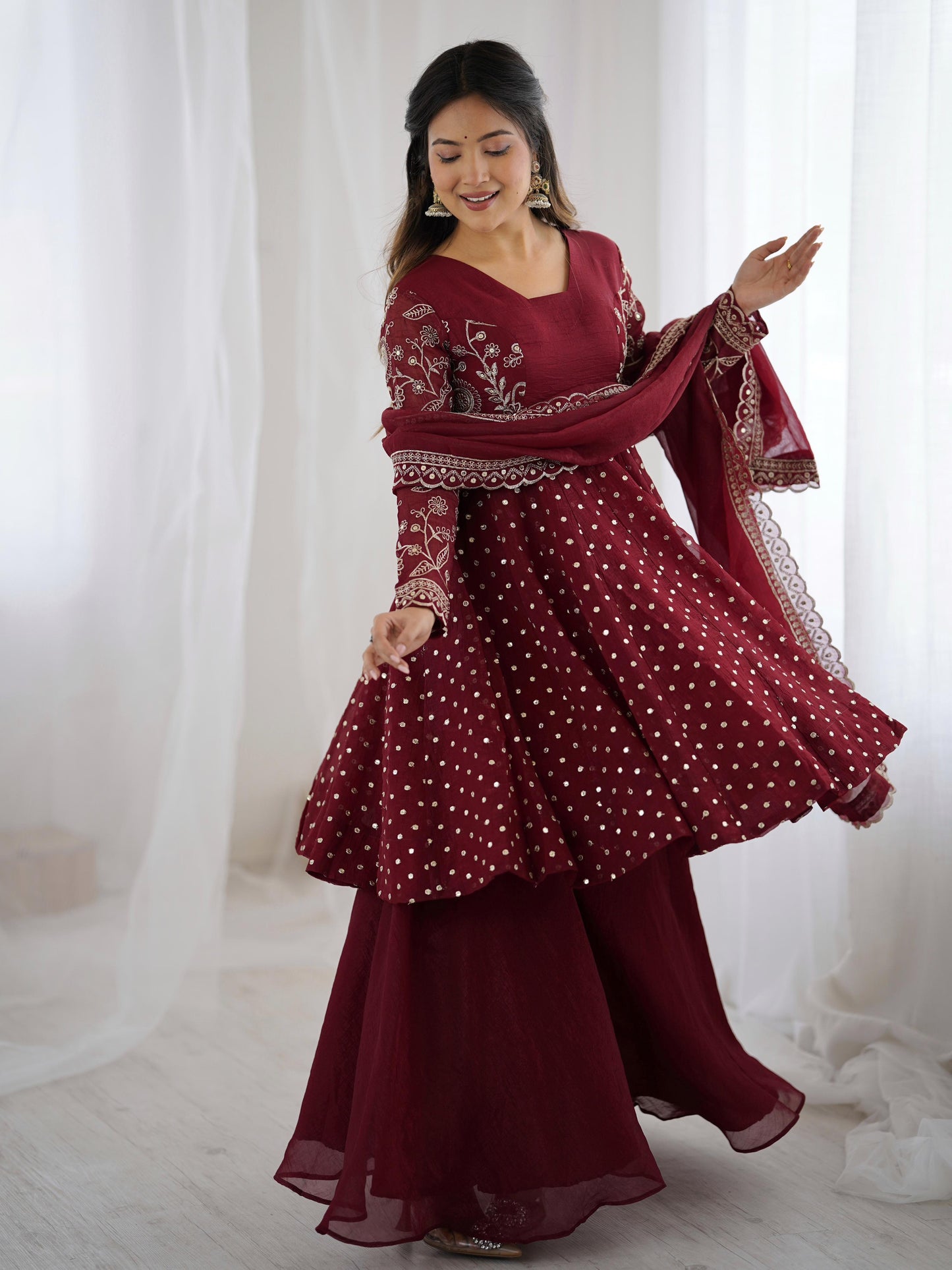 MOST TRENDING CRUNCHY SILK SEQUENCE TOP PLAZZO IN MAROON COLOR