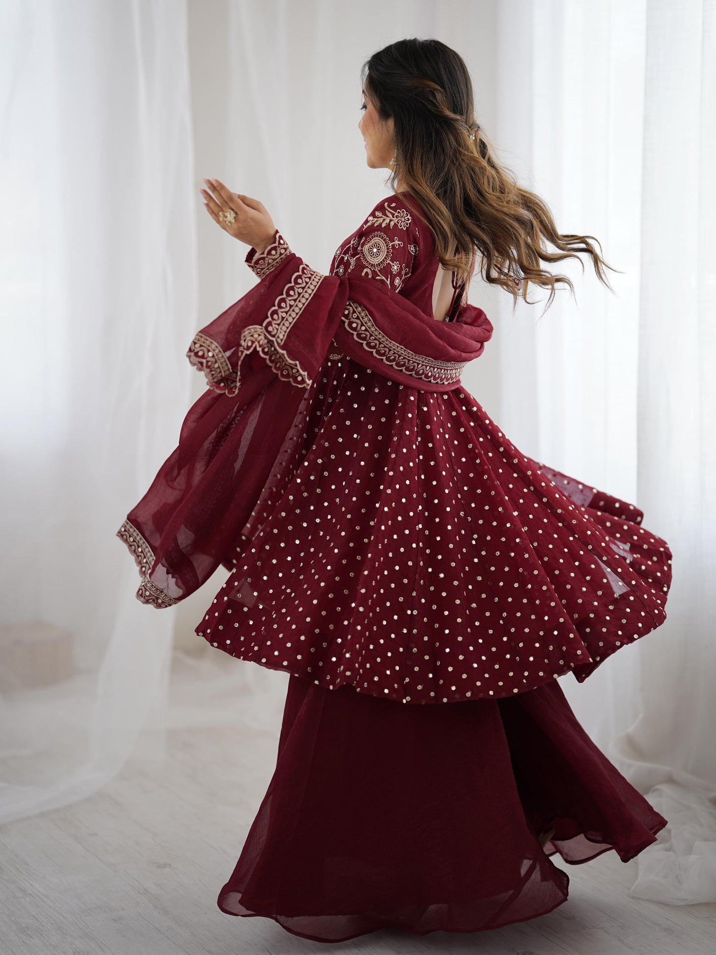MOST TRENDING CRUNCHY SILK SEQUENCE TOP PLAZZO IN MAROON COLOR