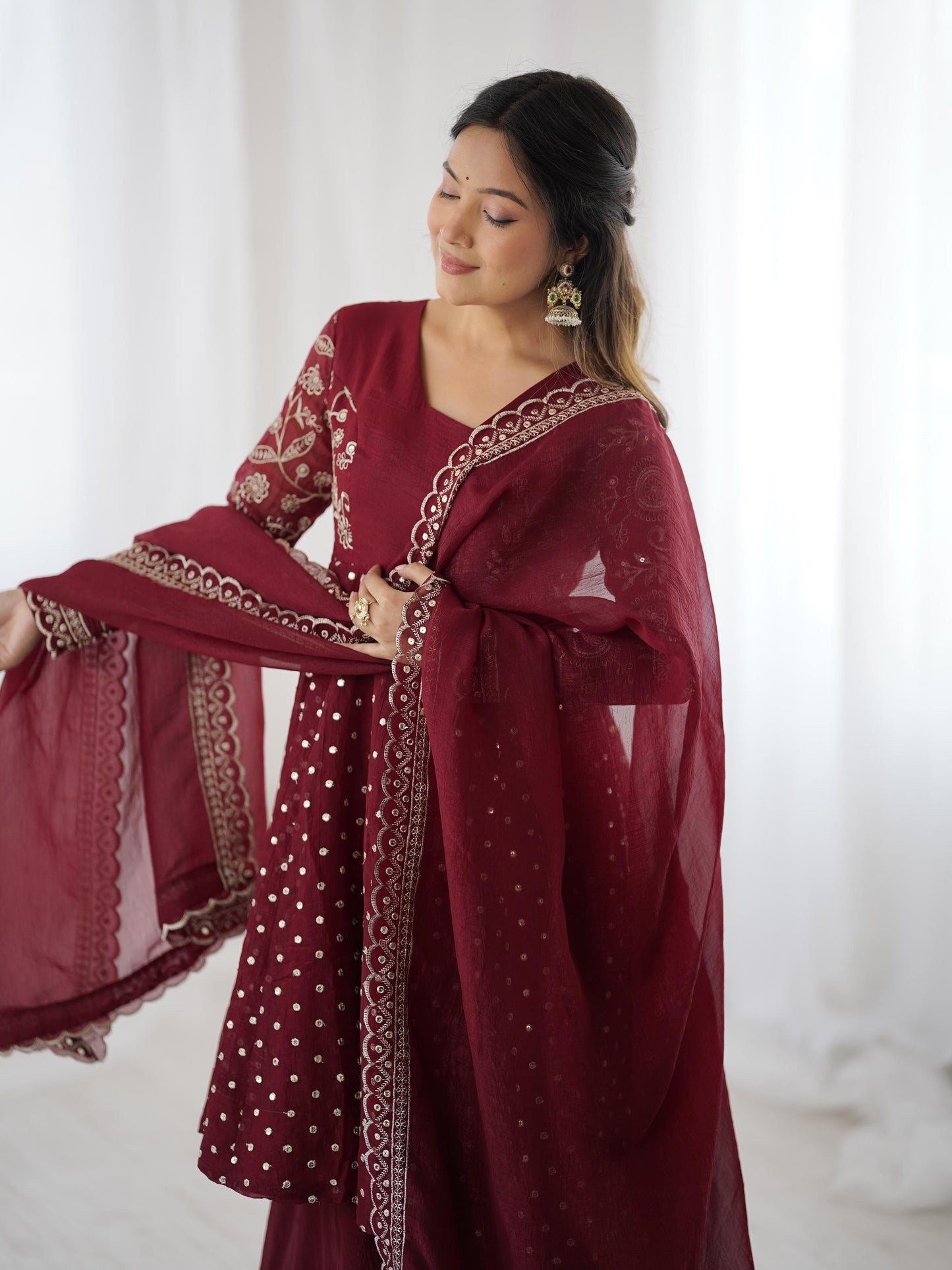 MOST TRENDING CRUNCHY SILK SEQUENCE TOP PLAZZO IN MAROON COLOR