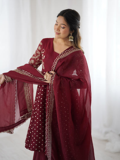 MOST TRENDING CRUNCHY SILK SEQUENCE TOP PLAZZO IN MAROON COLOR