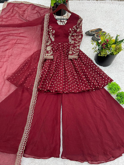 MOST TRENDING CRUNCHY SILK SEQUENCE TOP PLAZZO IN MAROON COLOR