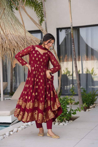 BEST ANARKALI GOWN WITH JAQUARD WEAVING IN MAROON COLOR