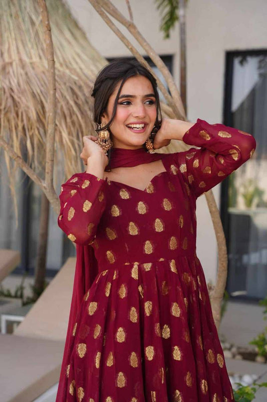 BEST ANARKALI GOWN WITH JAQUARD WEAVING IN MAROON COLOR