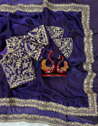 Purple Color Space Silk With Sequience Dori work Saree
