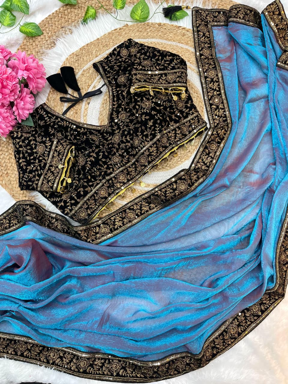 Pure Space Silk Sequence And Zari Work Saree