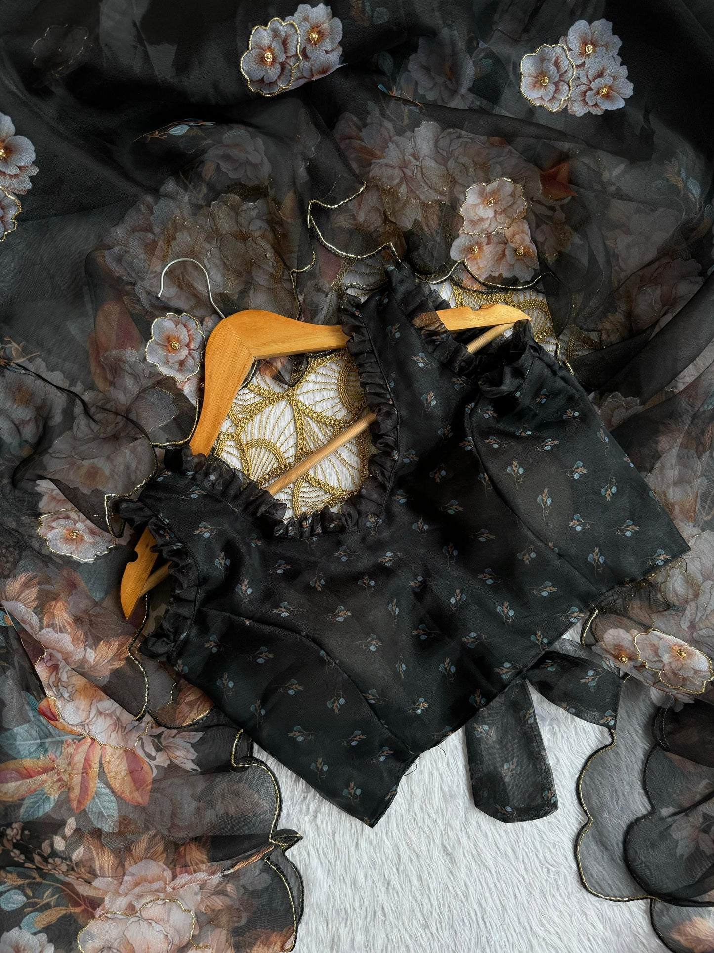 Black Color With Soft Organza With Digital Print Work Saree