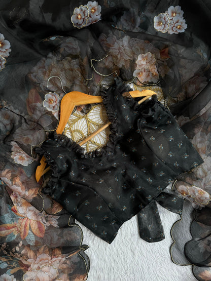 Black Color With Soft Organza With Digital Print Work Saree