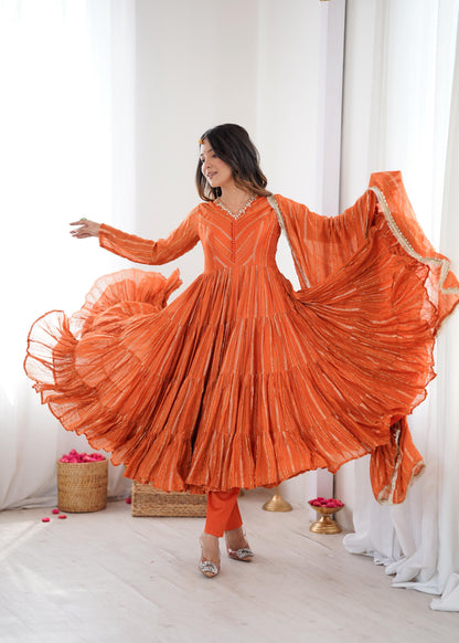 Orange Color With Mal Chanderi  With Mirror Hand Work Gown