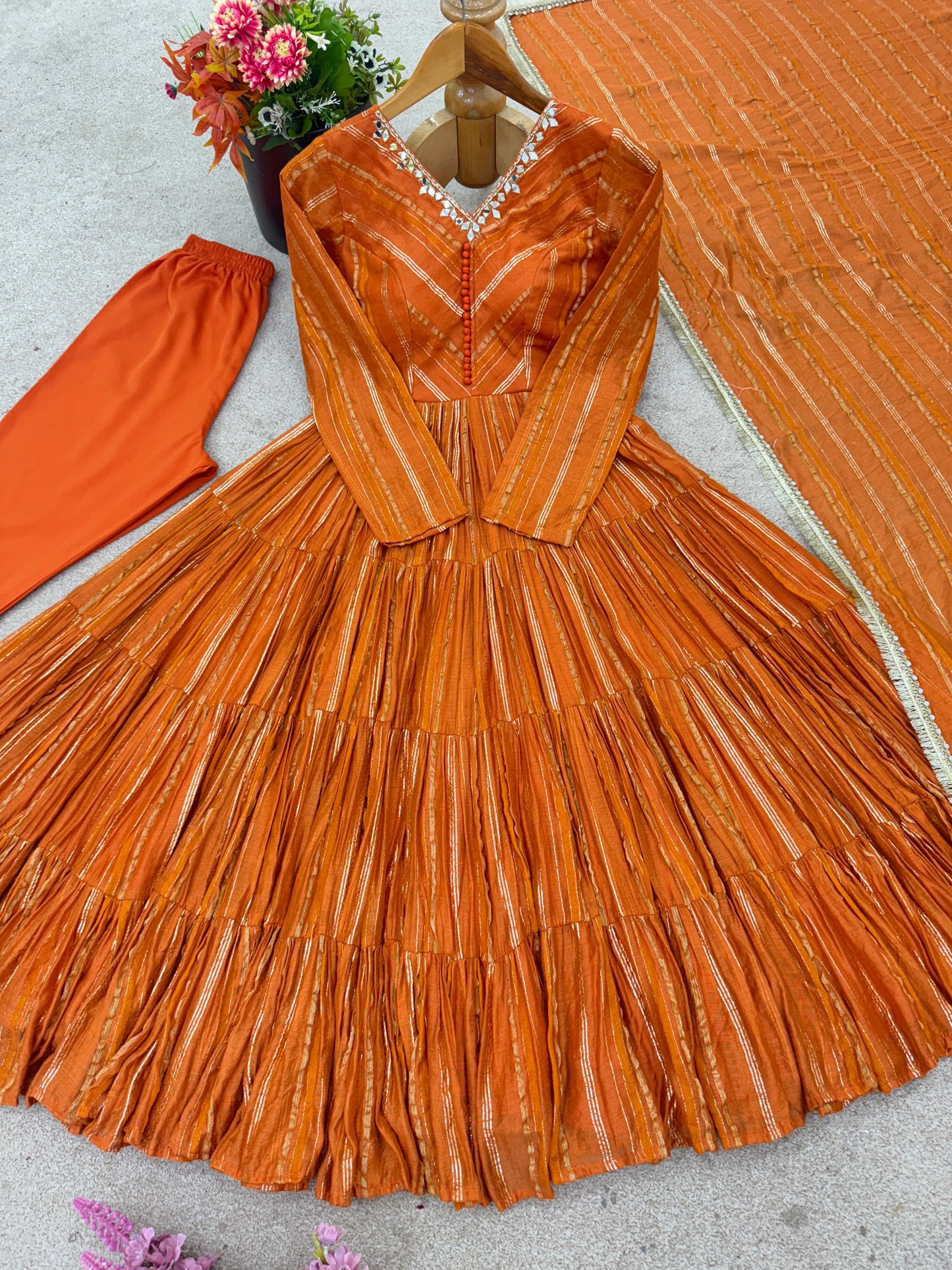 Orange Color With Mal Chanderi  With Mirror Hand Work Gown