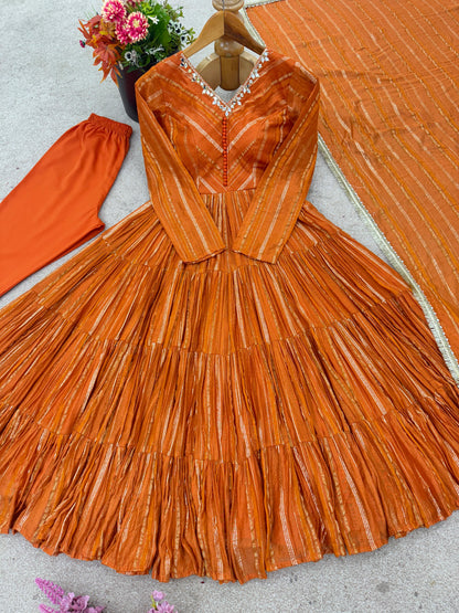 Orange Color With Mal Chanderi  With Mirror Hand Work Gown